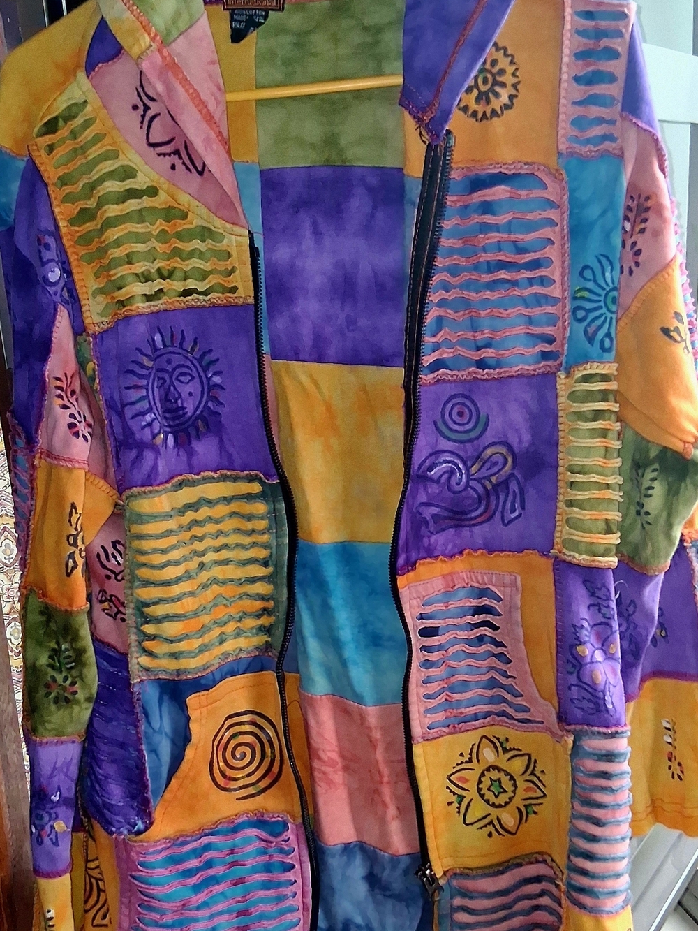 Vibrant Patchwork Hooded Zip Jacket in Purple, Yellow, Teal - Picture 6 of 6